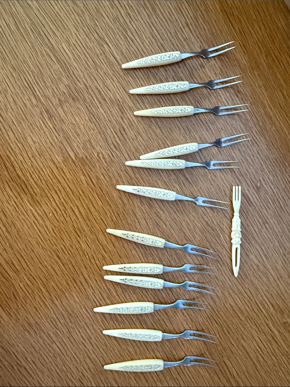 Celuloid(?) Handled Appetizer Forks Set - Elegant Floral Design